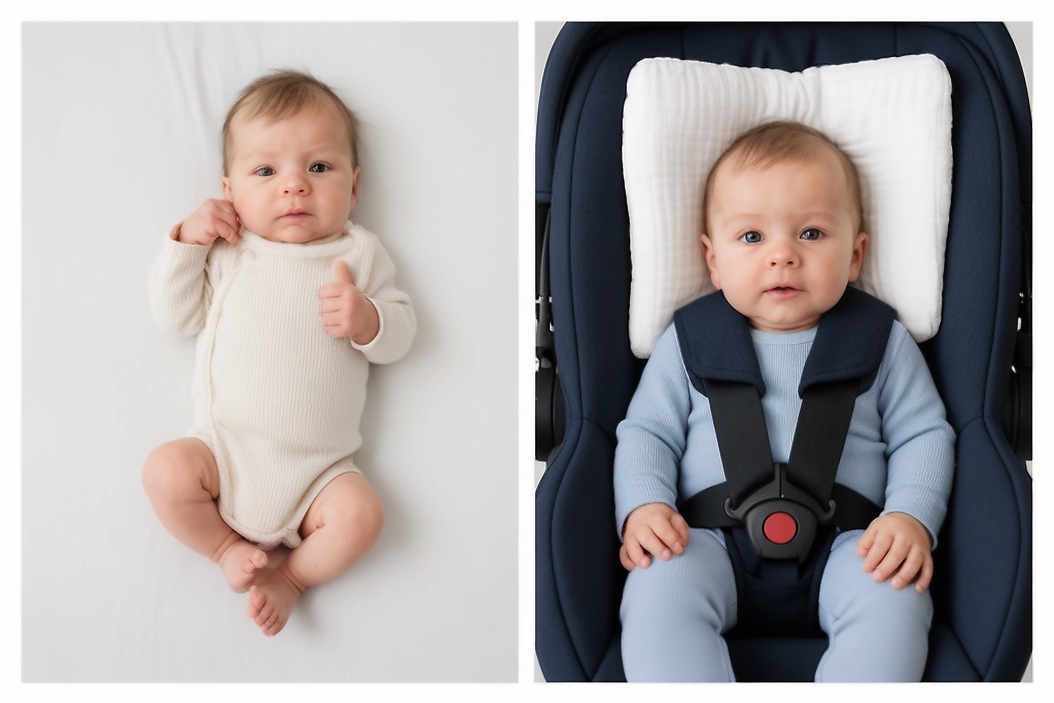 Two baby passport photo setups showing a newborn on a plain sheet and an infant in a car seat with a white blanket behind the head