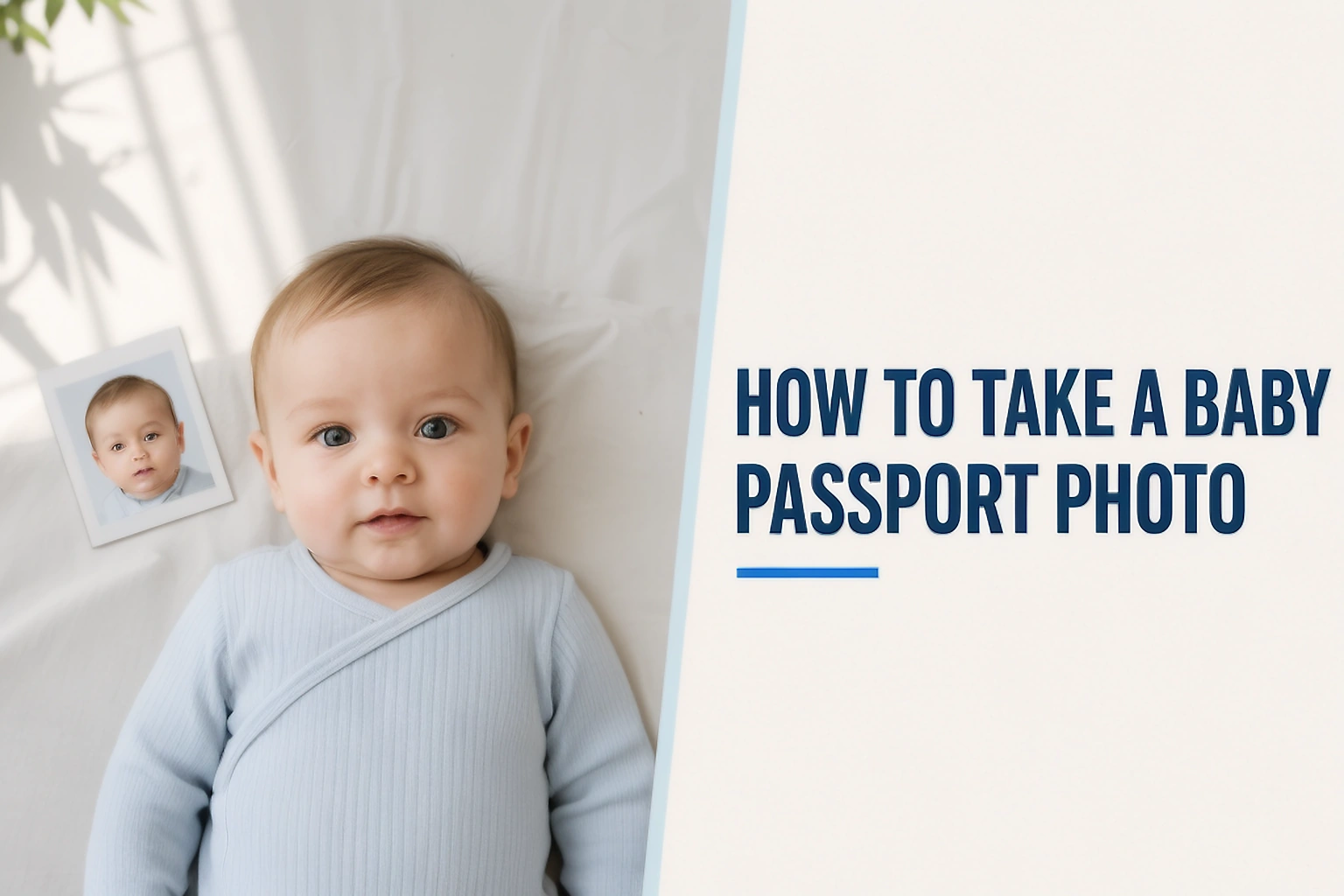 Baby passport photo guide cover showing an infant on a plain sheet and a home photo setup