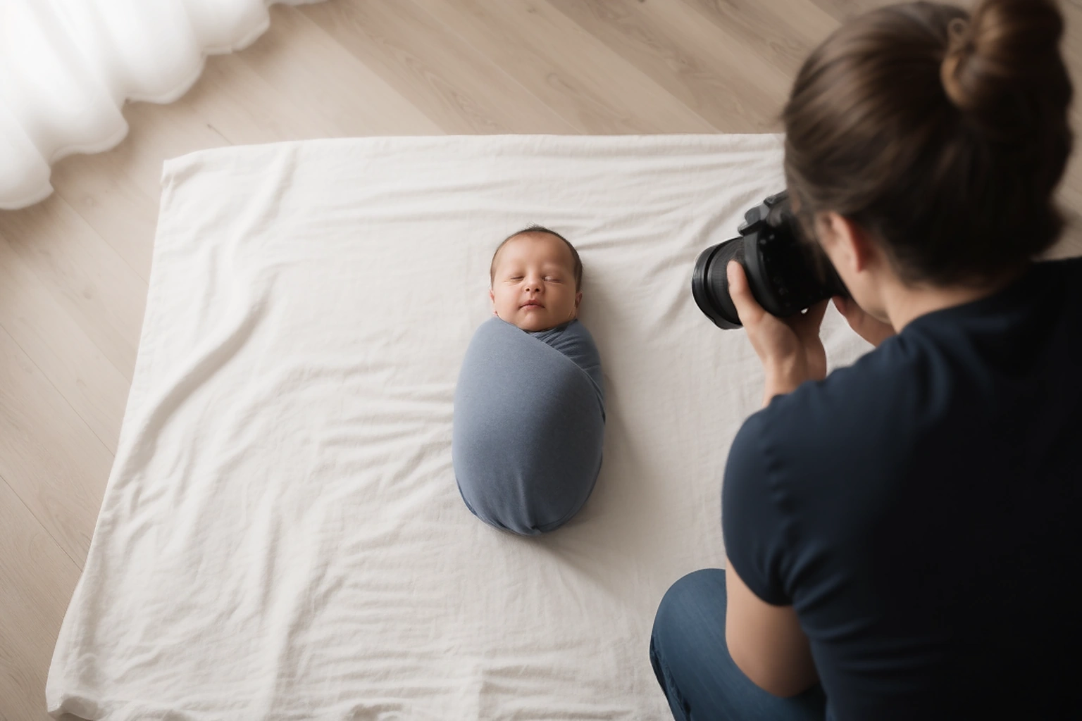 Adult photographing a newborn from above on a plain sheet placed over a low close to the floor home setup
