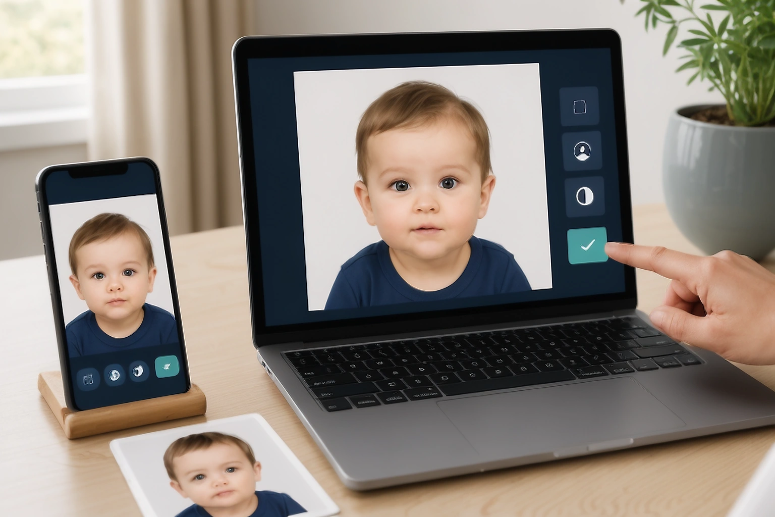 Laptop and phone showing a saved baby passport portrait being checked before submission
