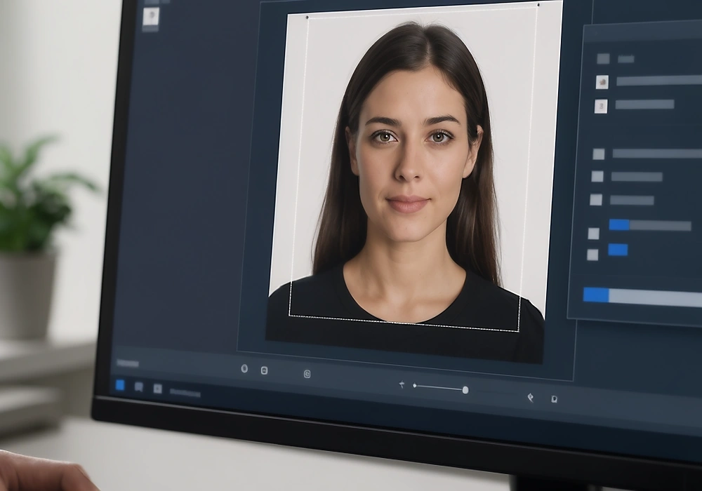 Computer monitor showing a passport portrait and file review controls before the image is uploaded