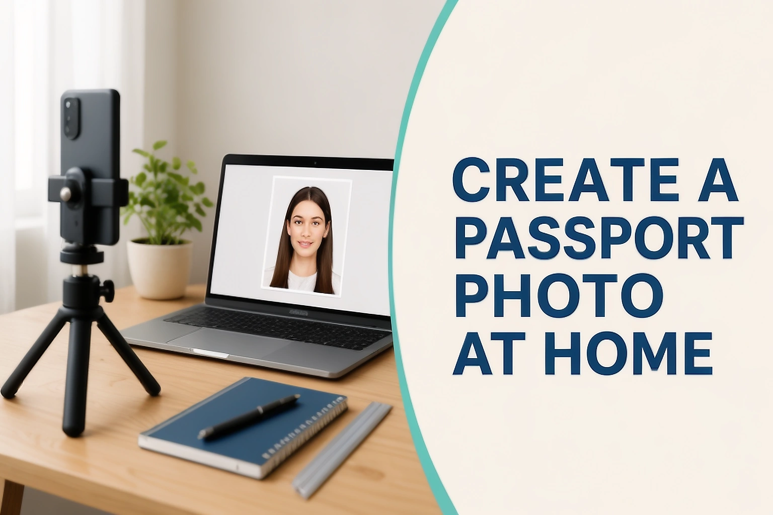 Create a passport photo at home guide cover showing a phone camera, plain background, and passport photo checklist
