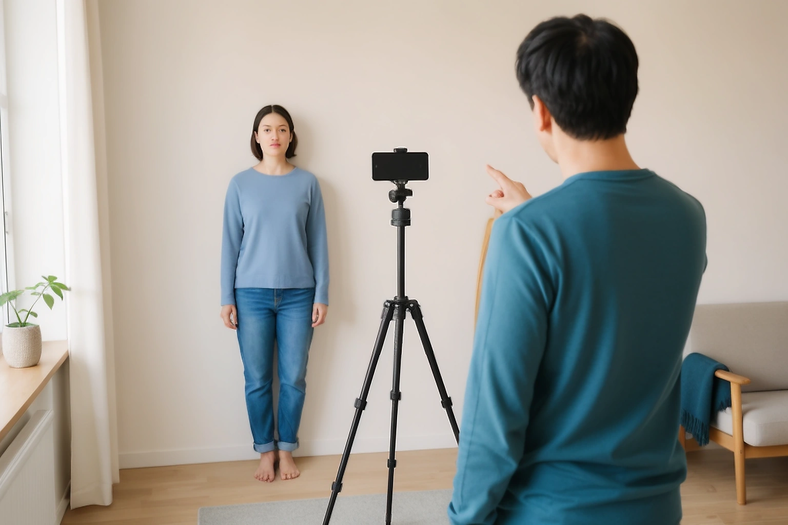 Adult being photographed at home with a phone at eye level, soft window light, and a plain background