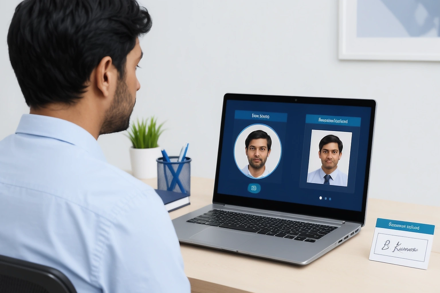 Candidate facing a laptop webcam for live exam photograph capture with a separate signature upload