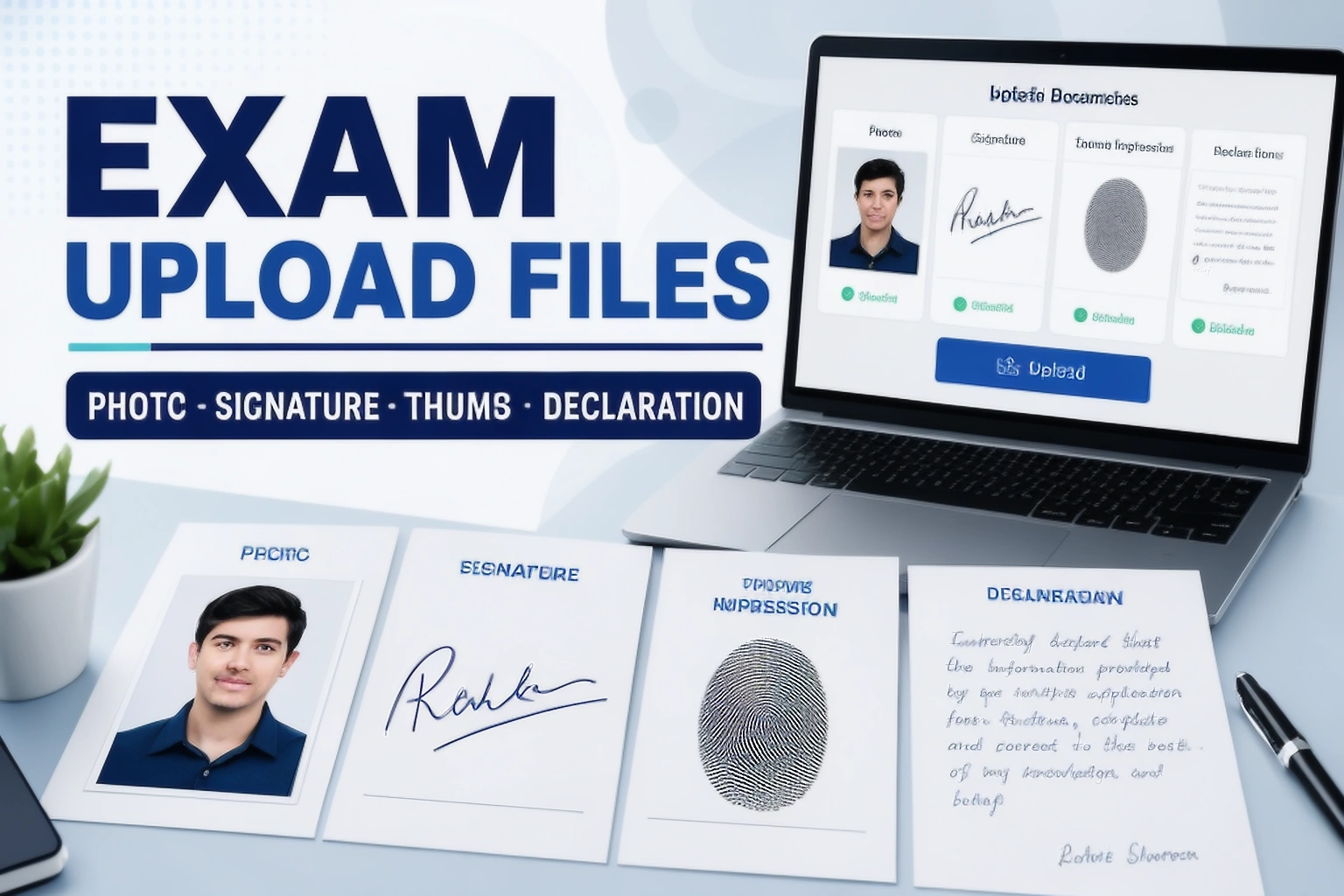 Exam upload files guide cover showing a photo, signature, thumb impression and declaration beside an online application