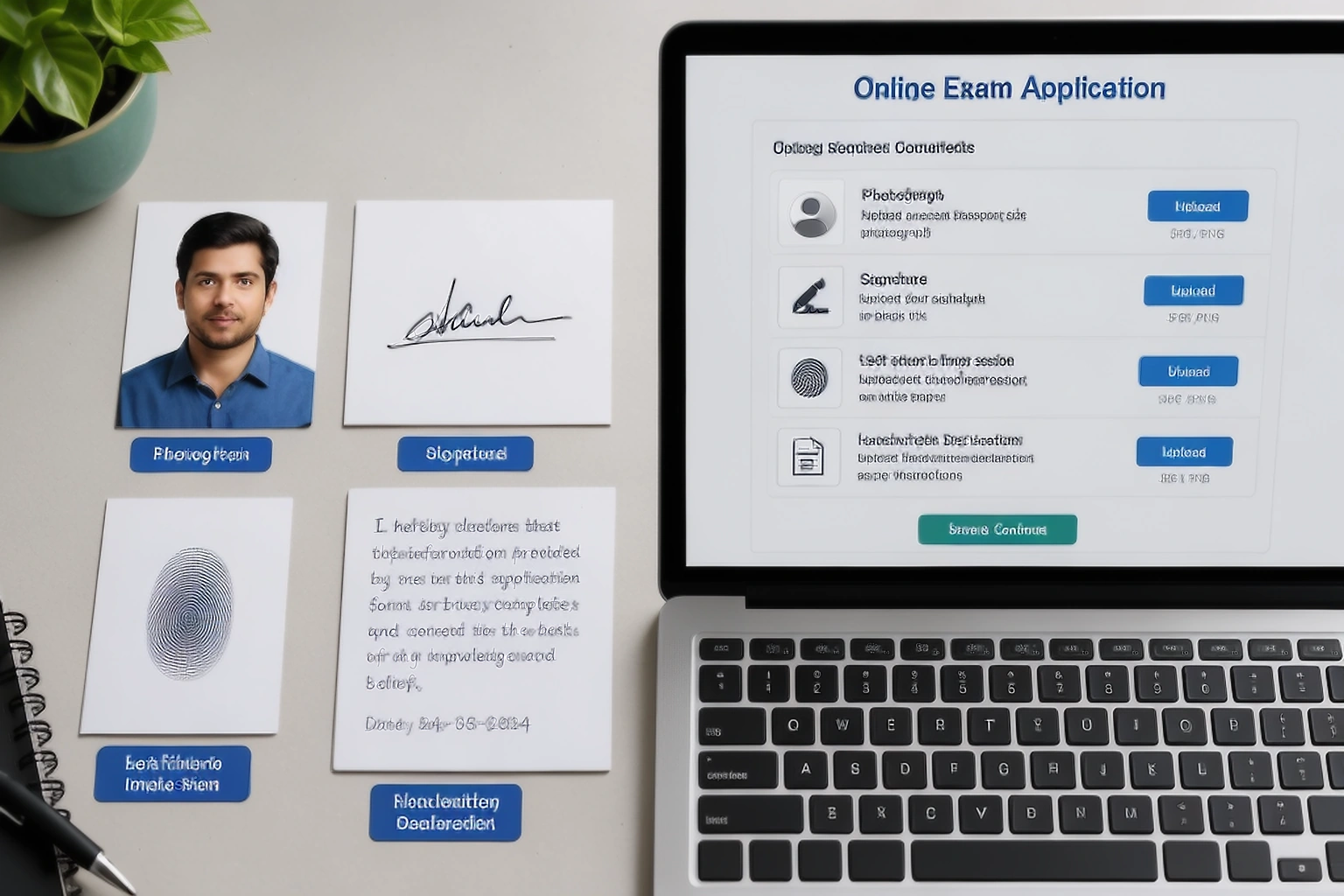 Exam application workspace showing separate photo, signature, thumb impression and handwritten declaration upload files