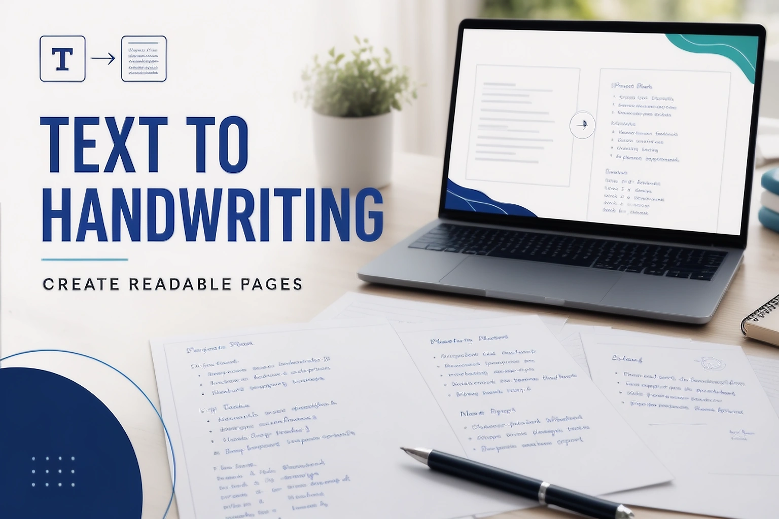 text to handwriting guide cover showing typed text becoming handwriting style pages beside a laptop and pen