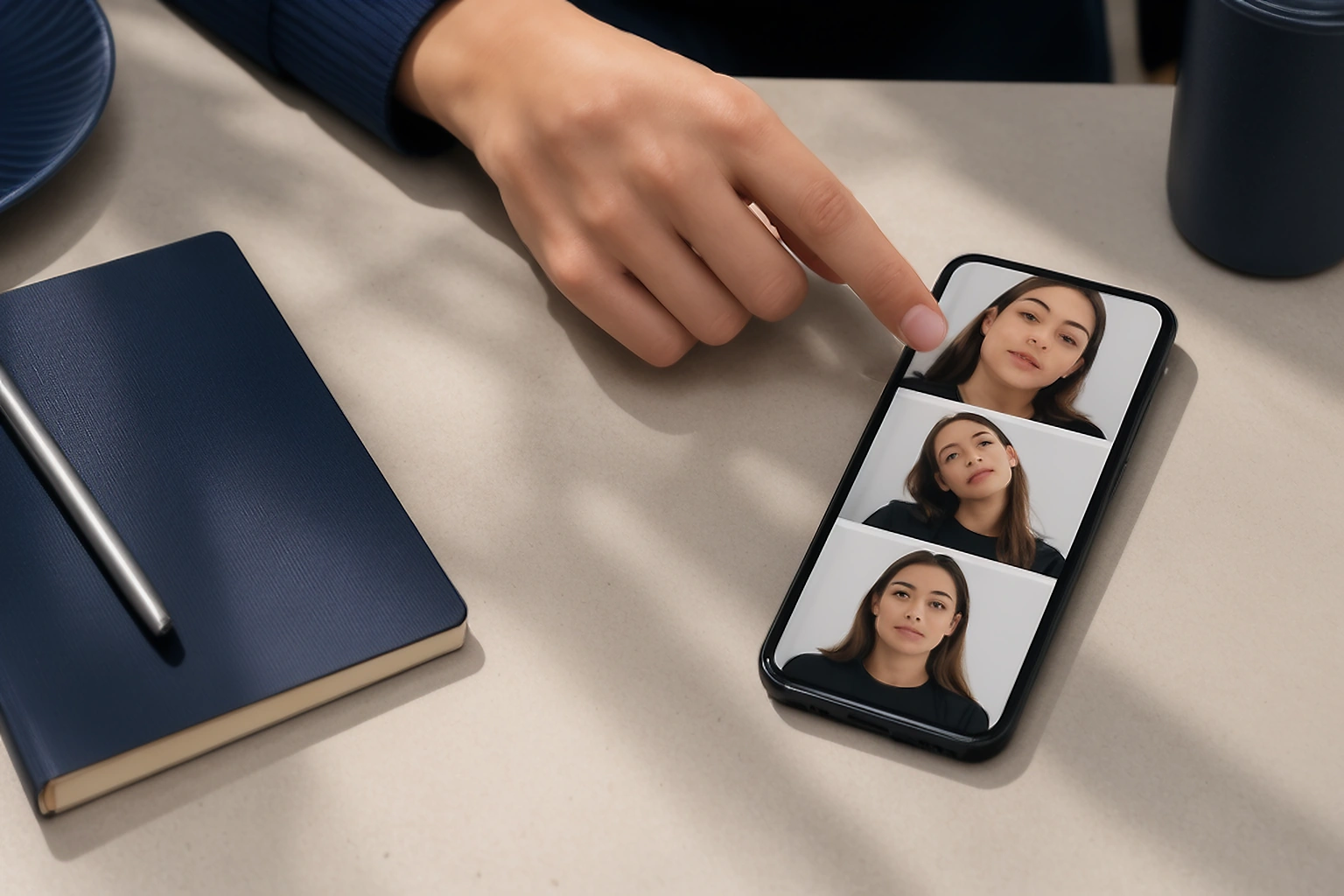 Phone photography setup showing a close selfie, a tilted camera and a properly distanced evenly lit frame for comparison