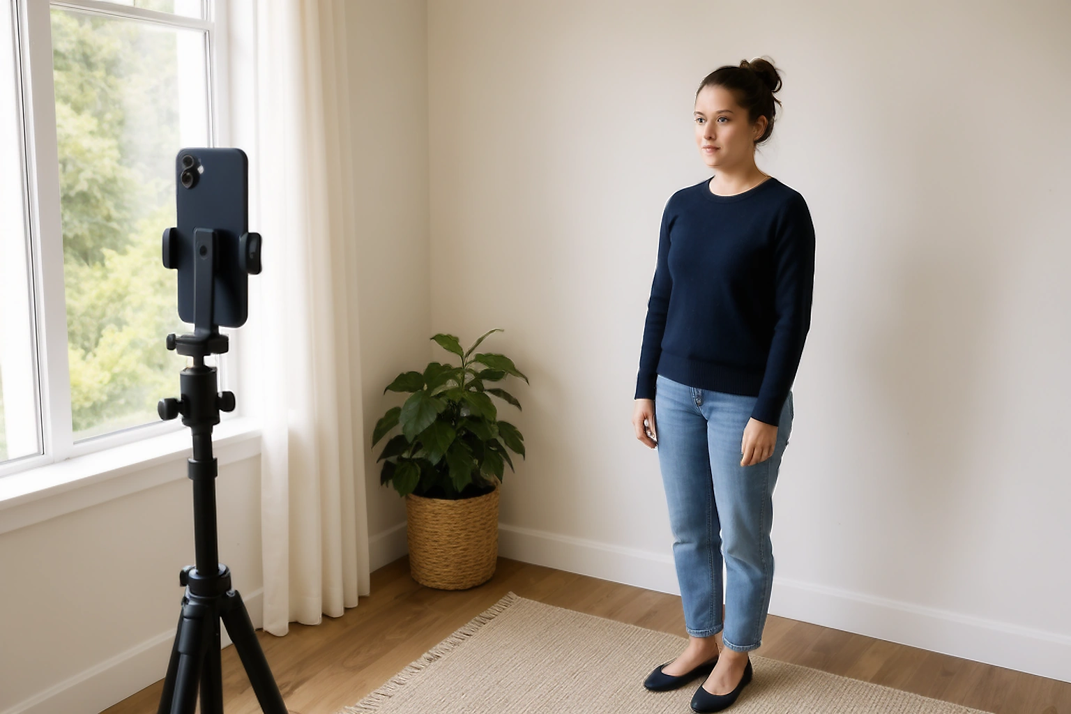 Phone on a tripod facing a person against a plain wall with soft window light in a home photo setup