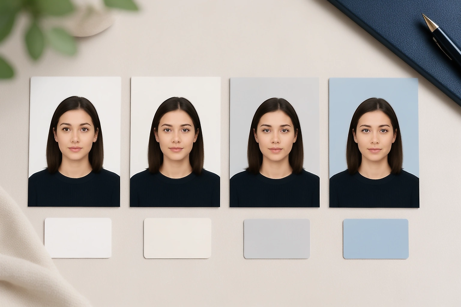 Four passport portrait cards comparing white, slightly off white, light grey, and light blue backgrounds