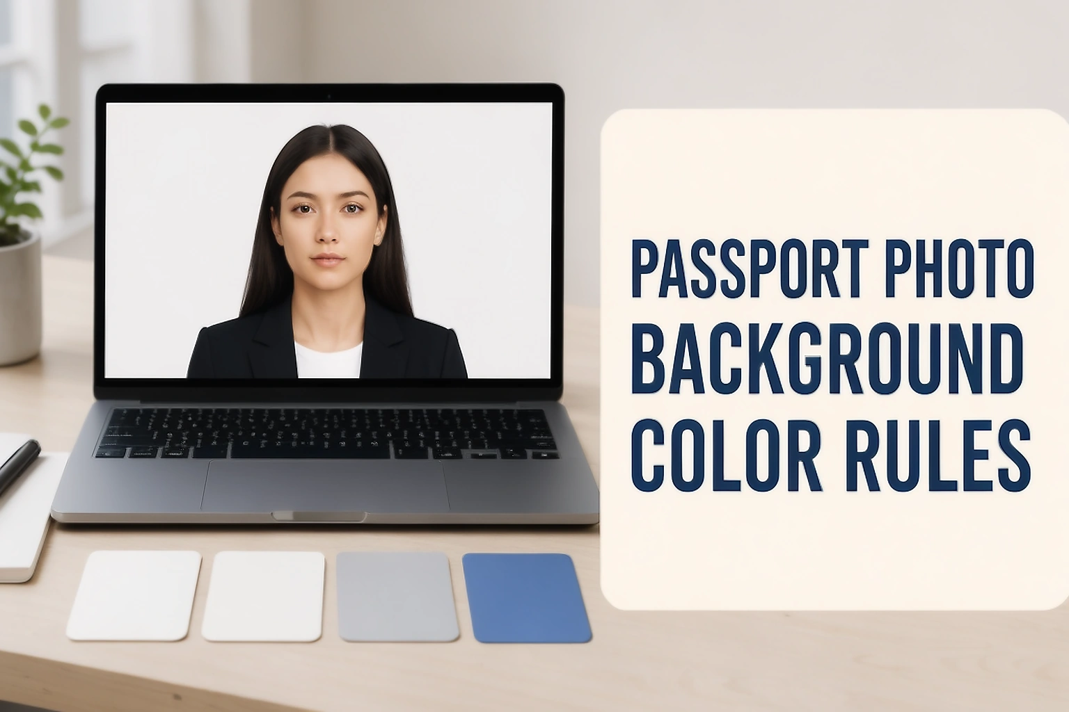Passport photo background guide cover showing a portrait, background colour swatches and colour rules