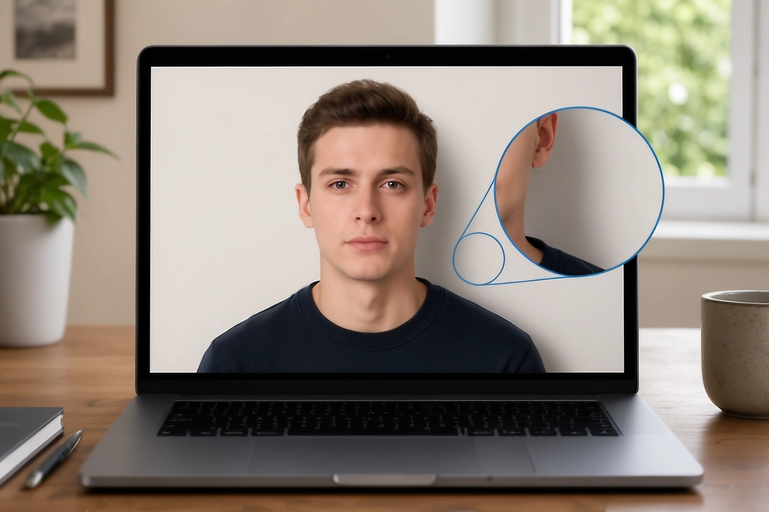 Passport photo on a laptop with a shadow near one shoulder and a magnified background edge review around the hair