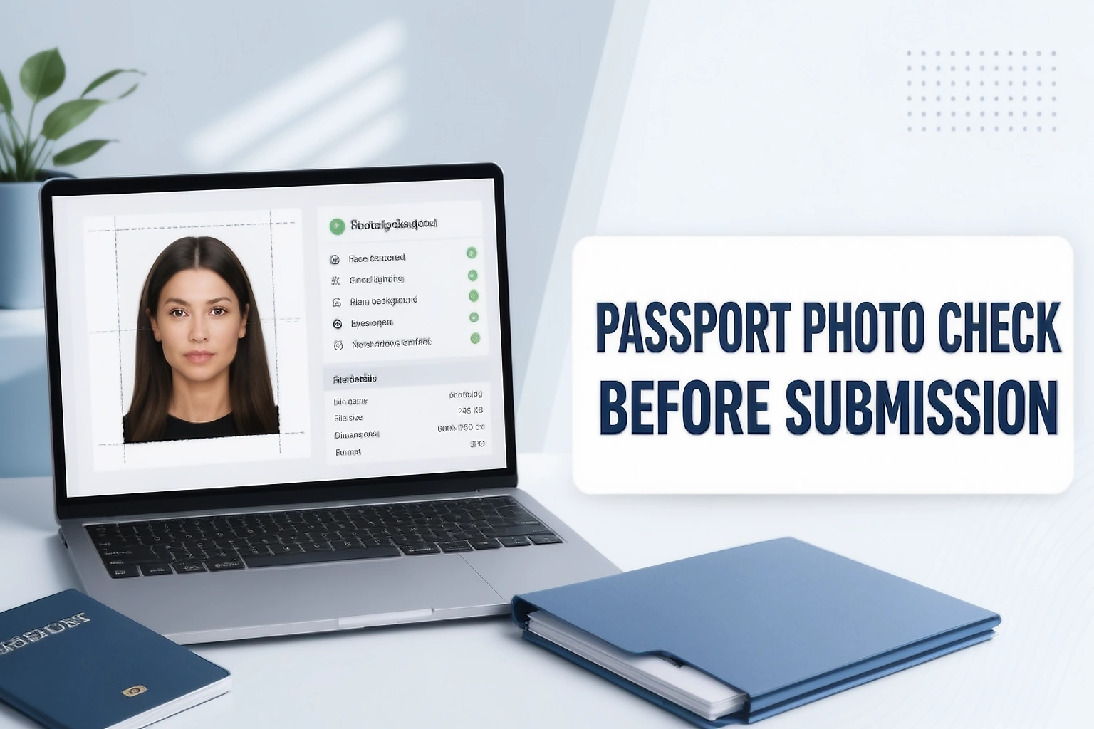 Passport photo check before submission guide cover showing a laptop review screen and passport photo checklist
