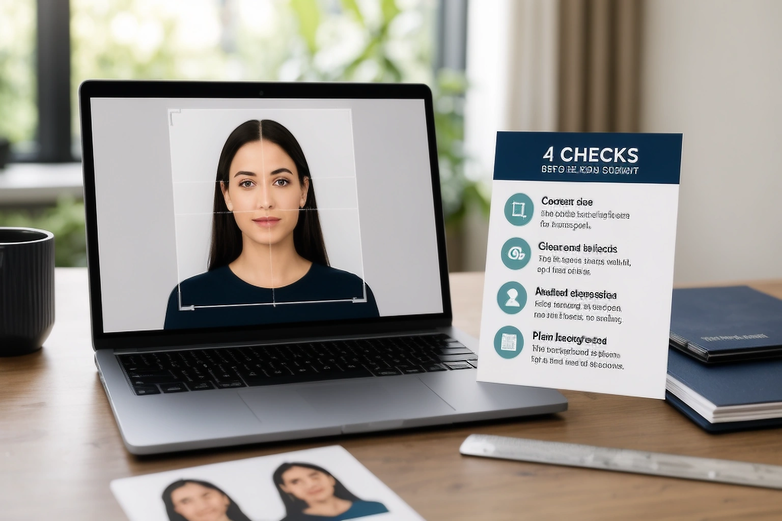 Passport photo review workspace showing the face, crop, background, and file checks before submission