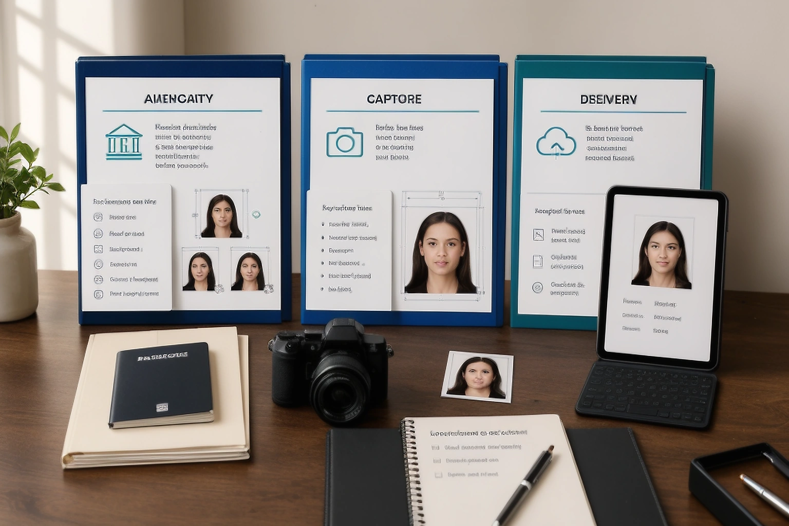 Passport photo decision workspace comparing authority rules, capture choices and digital delivery