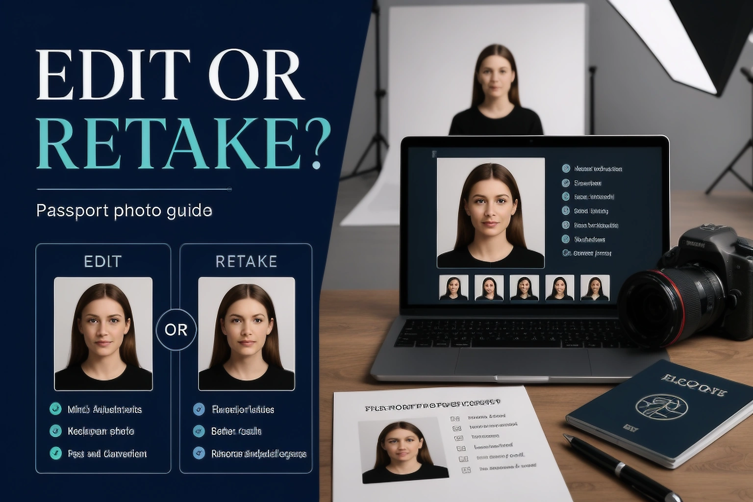 Passport photo edit or retake guide cover comparing a photo editor, an original camera file and a retake decision