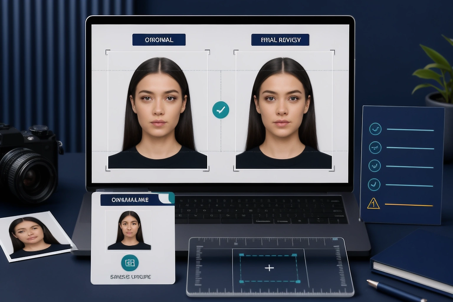 next to each other passport photo review comparing an untouched camera original with a permitted output and a retake note