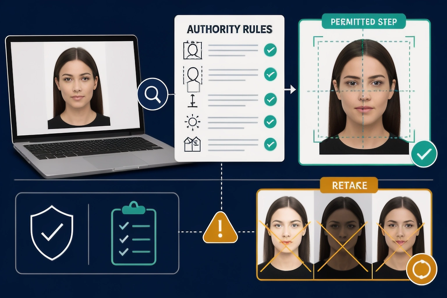 Editorial passport photo review showing an untouched source beside a crop control and a retake recommendation