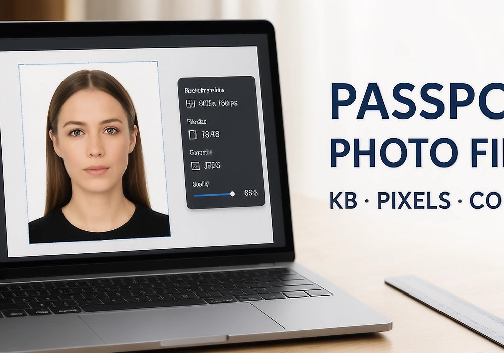 Passport photo file size guide cover showing a portrait editor, pixel dimensions, file size and compression controls