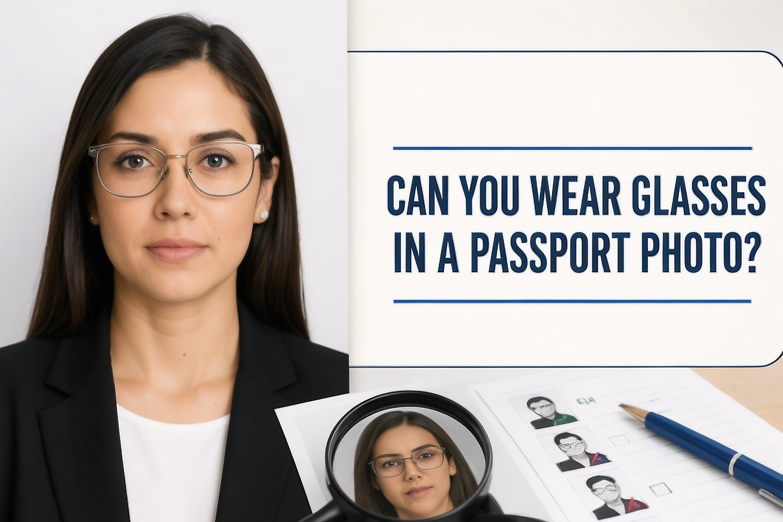 Passport photo glasses guide cover showing a portrait with clear glasses and a glasses rules review