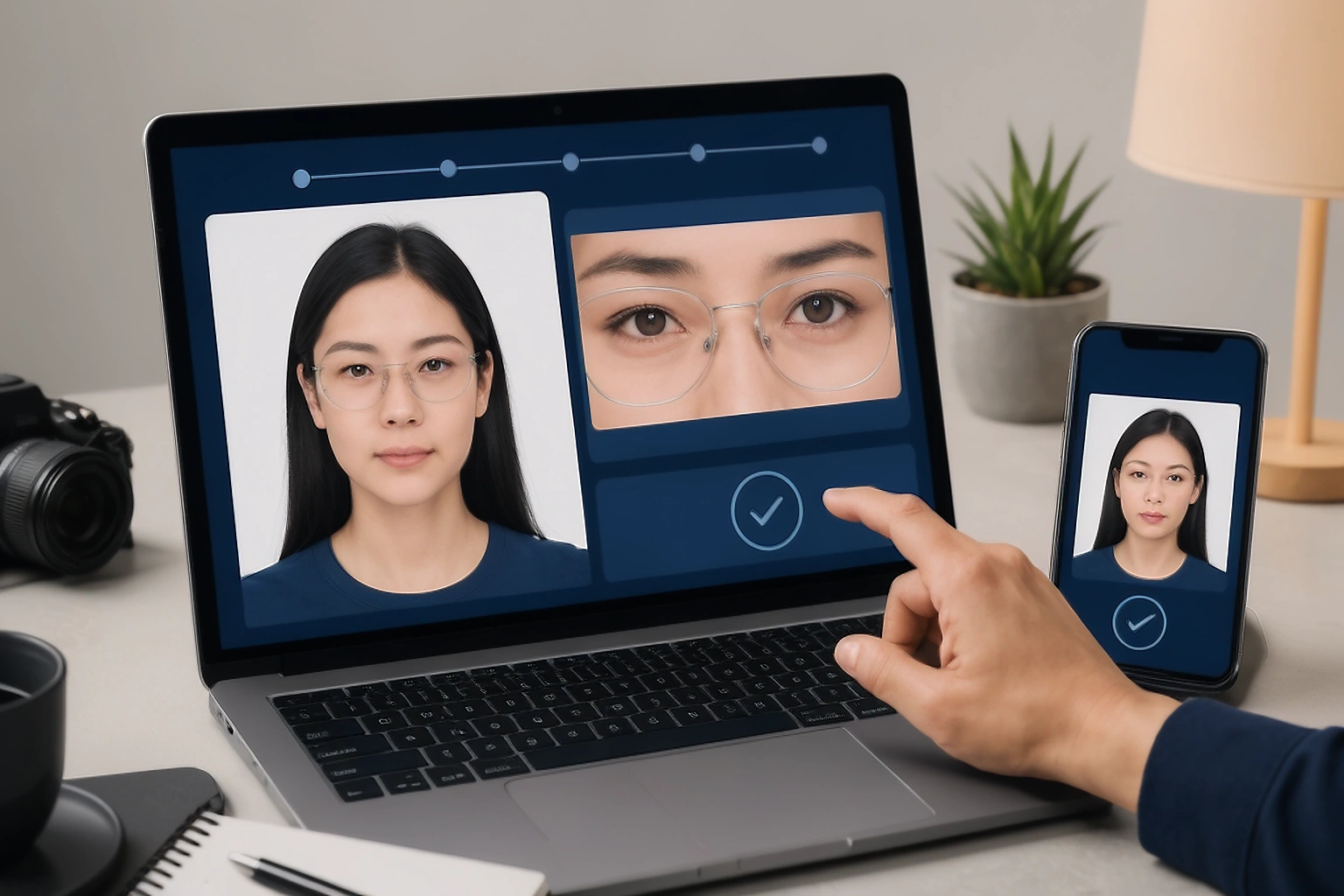 Laptop and phone showing a saved passport portrait with clear glasses, visible eyes, and a final review check