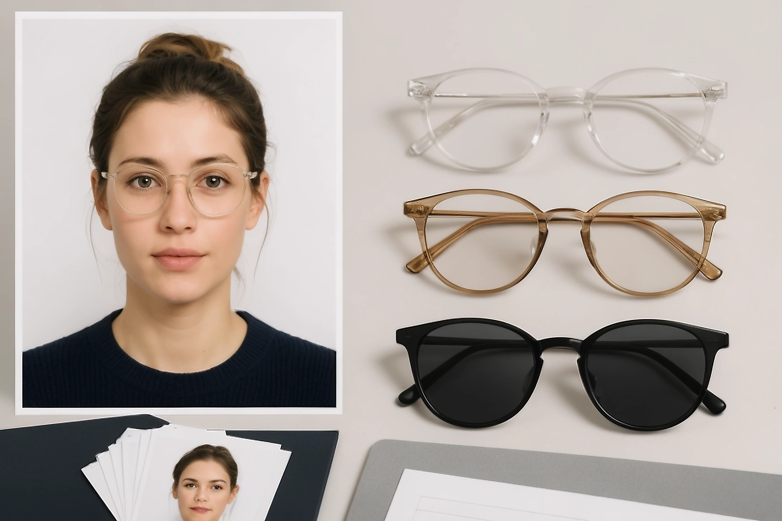 passport photo style portrait with clear glasses beside clear, tinted, and dark eyewear examples