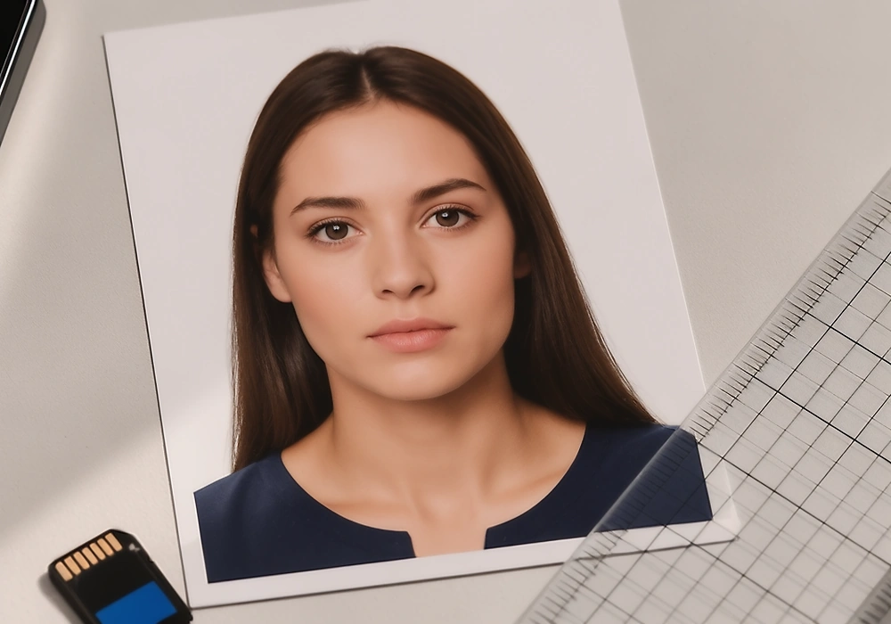 Printed passport portrait, measuring grid and camera memory card illustrating the difference between image dimensions and file weight