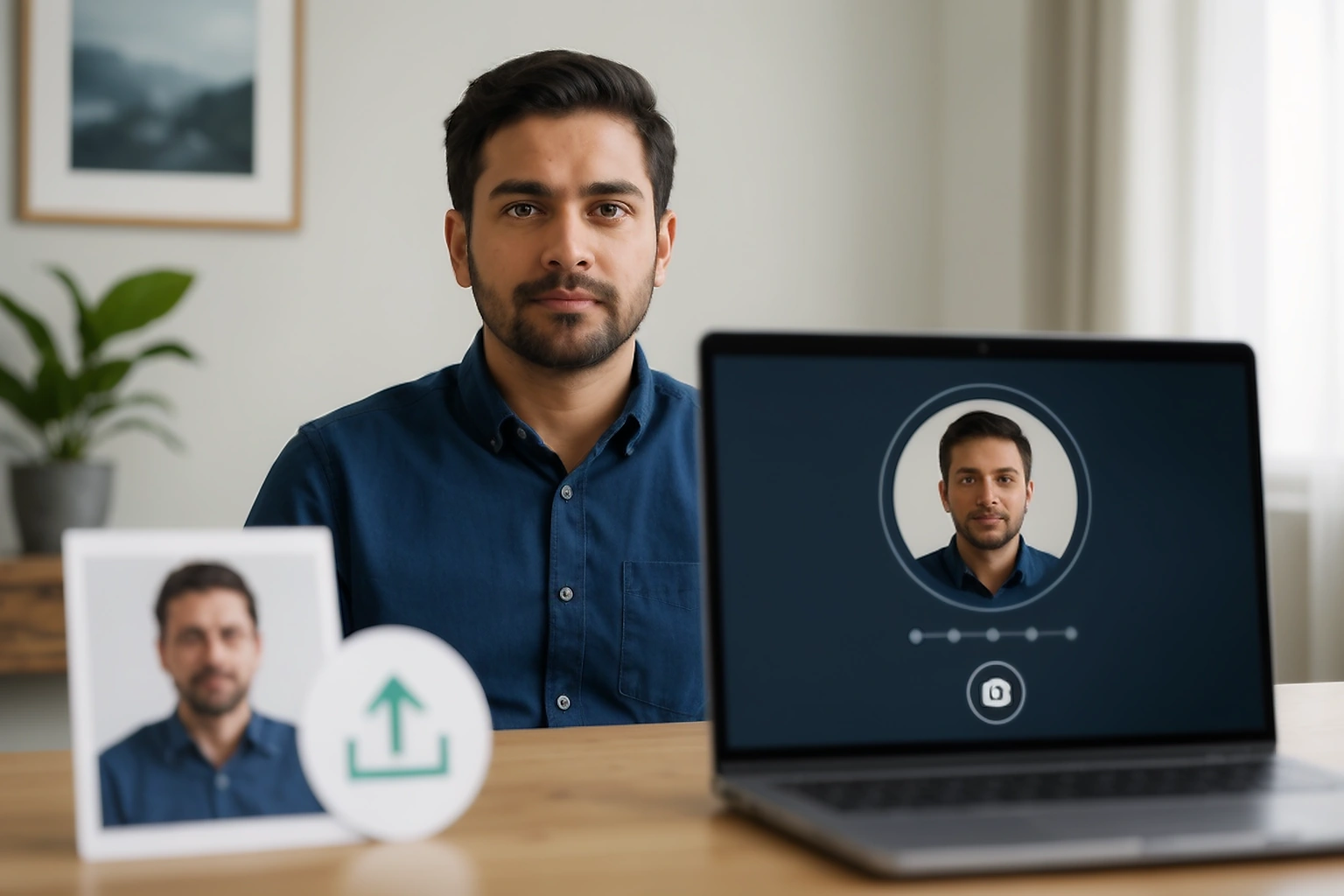 Recruitment application live photo capture showing a candidate facing a laptop camera and a circular face guide