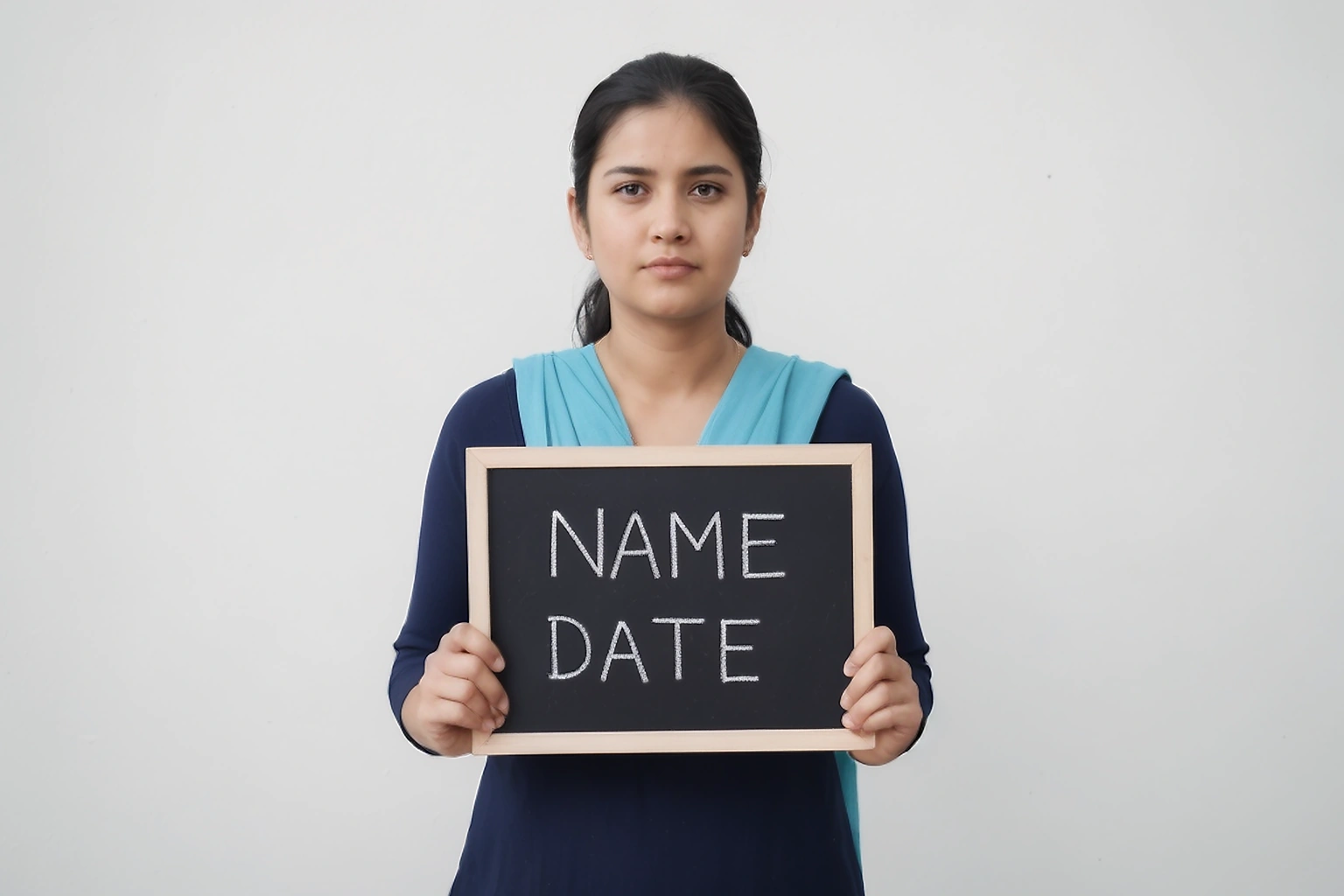 Recruitment portrait of a candidate holding a black physical slate with name and date written in white chalk