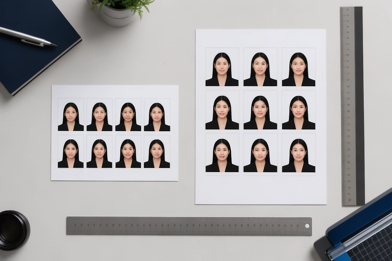 4R and A4 passport photo sheets shown side by side with photo copies, margins, gaps, and rulers