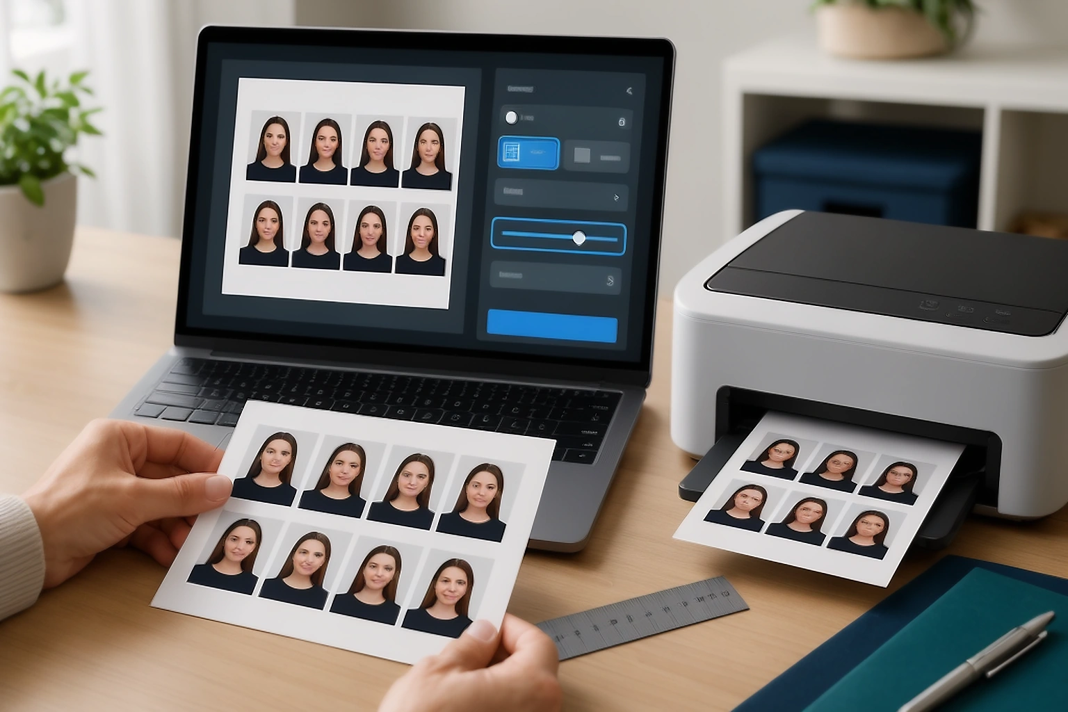 Home printer and laptop showing a prepared passport photo sheet, print scale controls, and a ruler