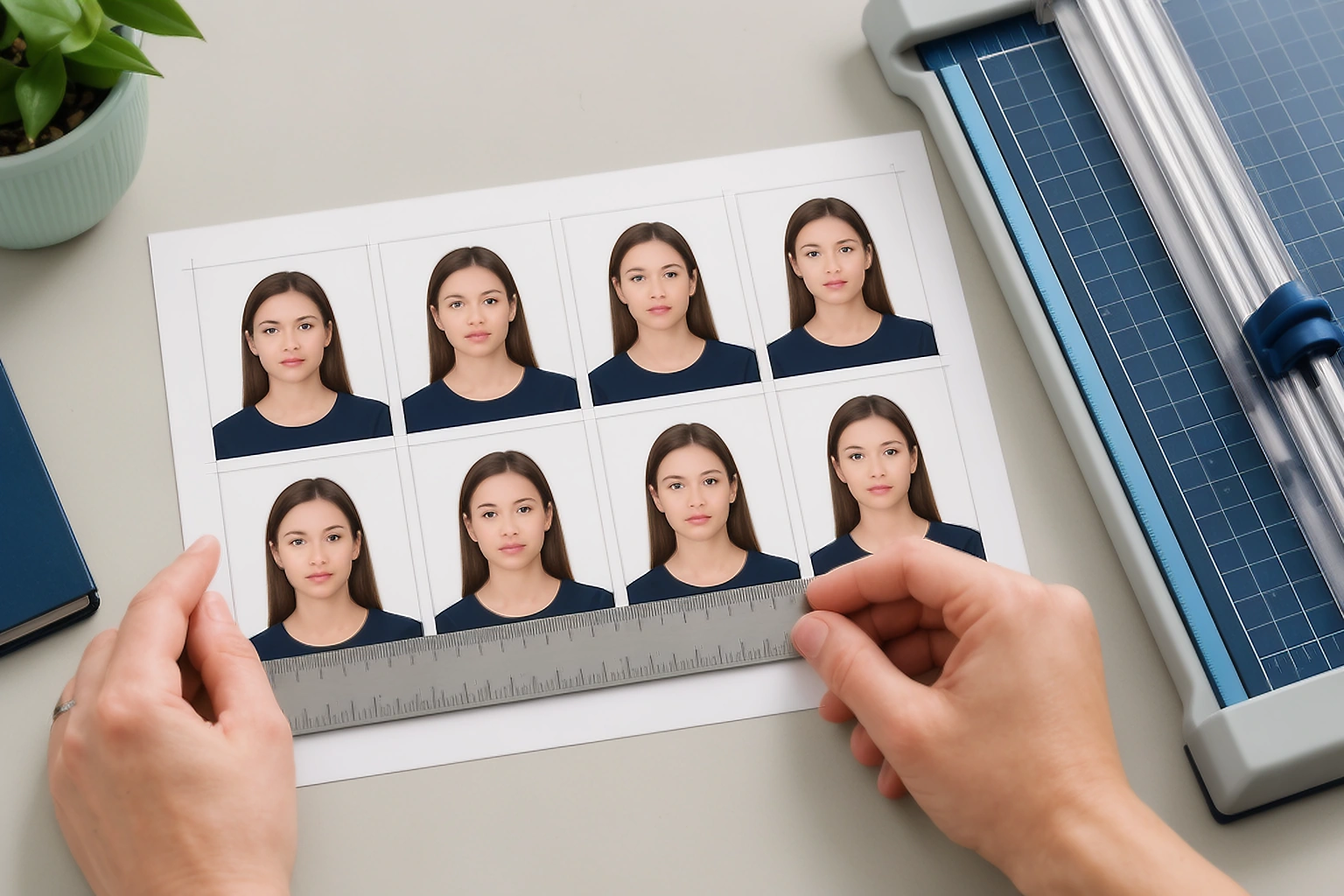 Hands measuring one printed passport photo with a ruler before cutting the remaining copies