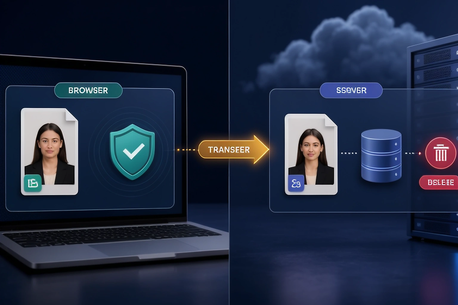 Privacy workflow visual showing a passport photo moving between a browser, local storage and a clearly labelled server operation
