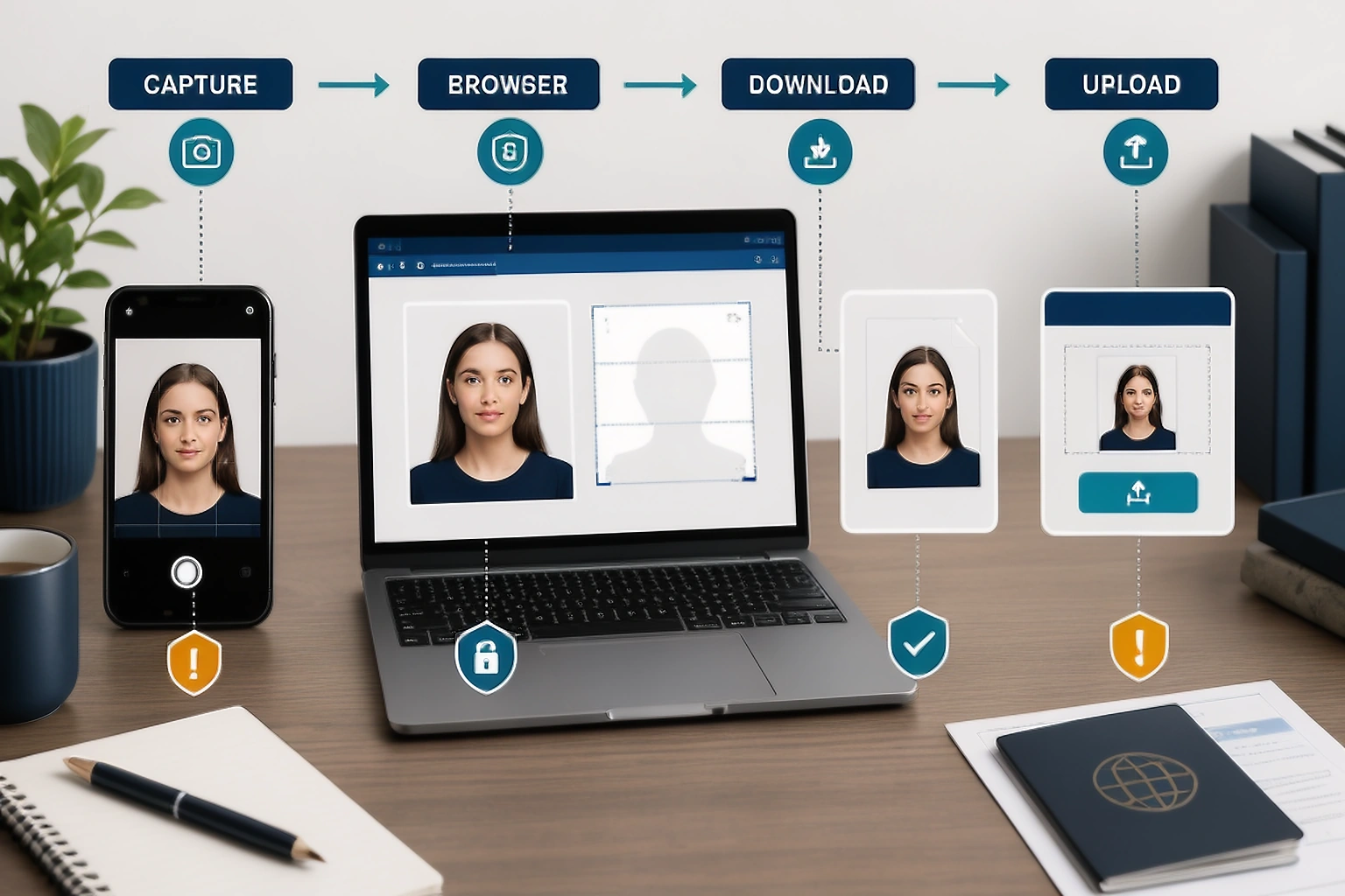 Passport photo privacy diagram showing a source image moving through browser processing to a final upload route