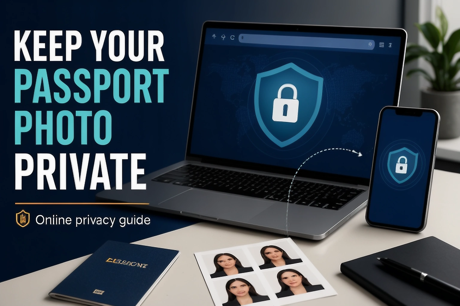 Passport photo privacy guide cover showing a secure browser workflow and controlled image copies