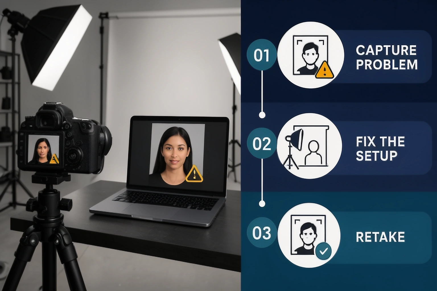 Passport photo capture setup showing a weak source and a fresh camera retake recommendation