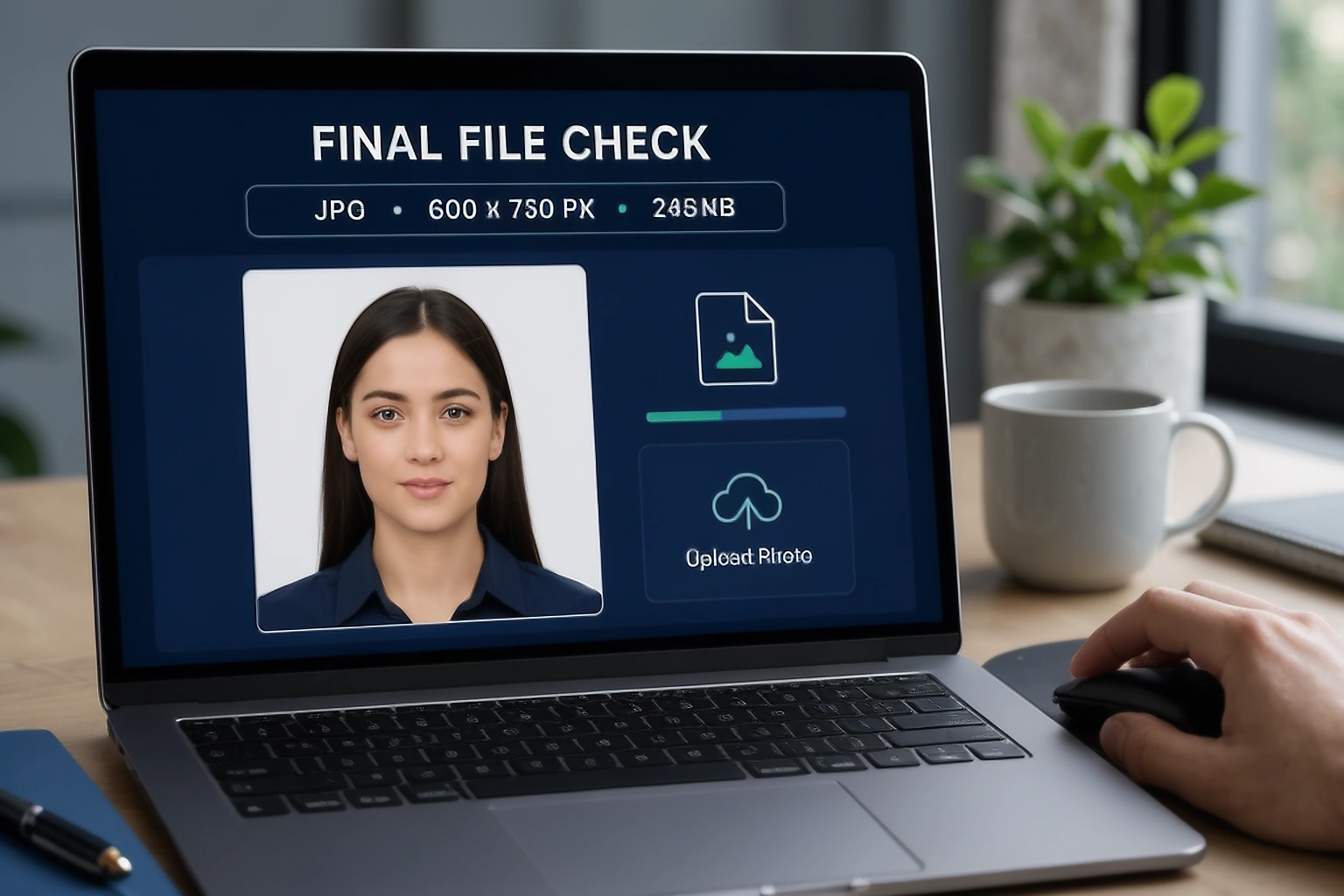 Saved passport photo file being checked on a laptop for format, dimensions, and file size before upload