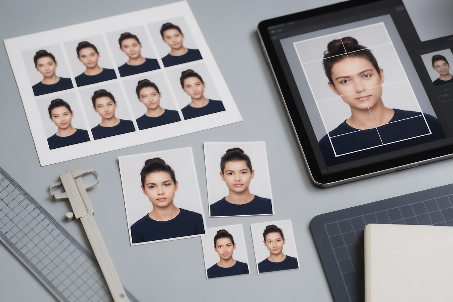 Printed passport photos, a tablet crop preview and measuring tools used to compare photo sizes