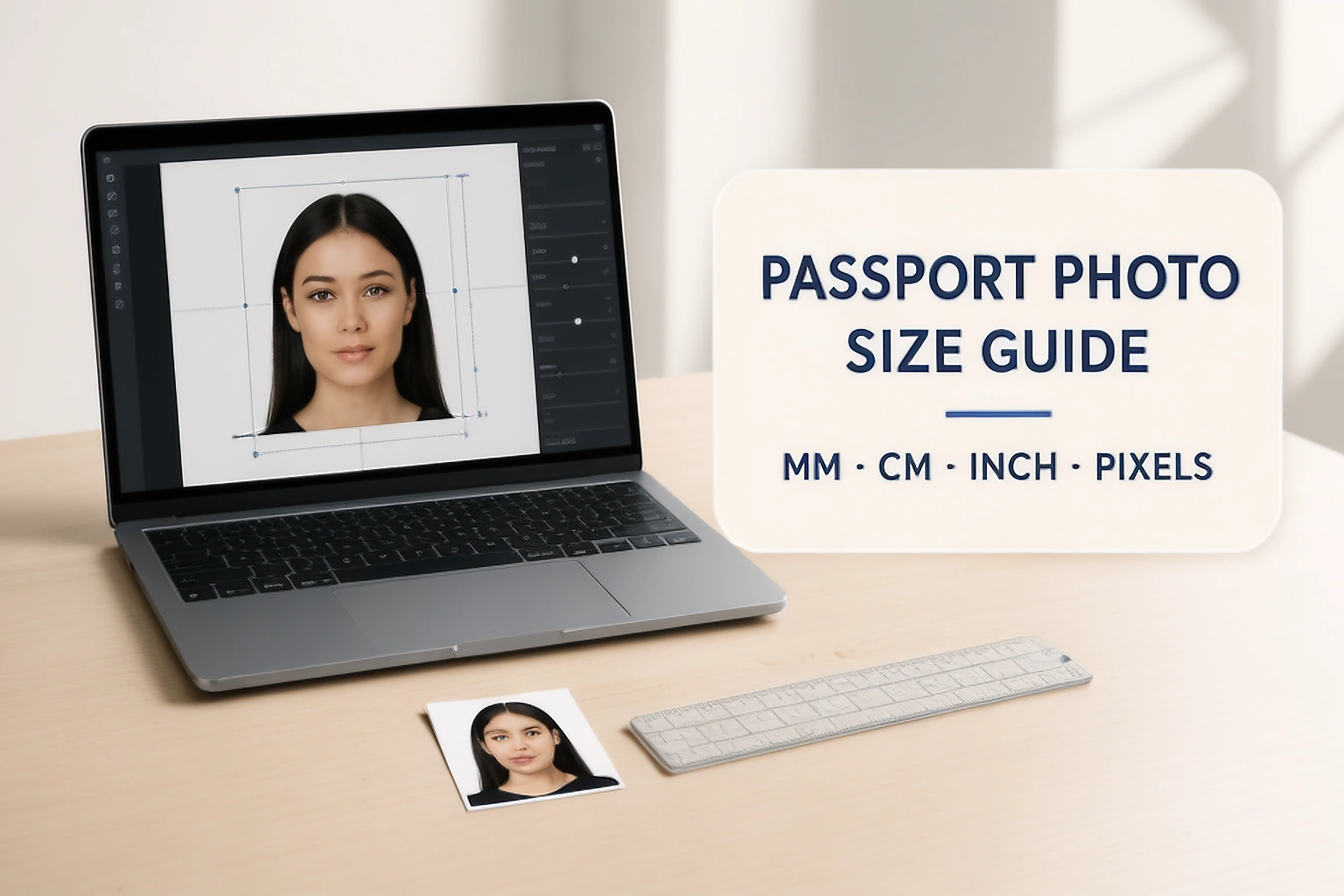 Passport photo size guide cover showing a photo editor, portrait crop and measurement workspace