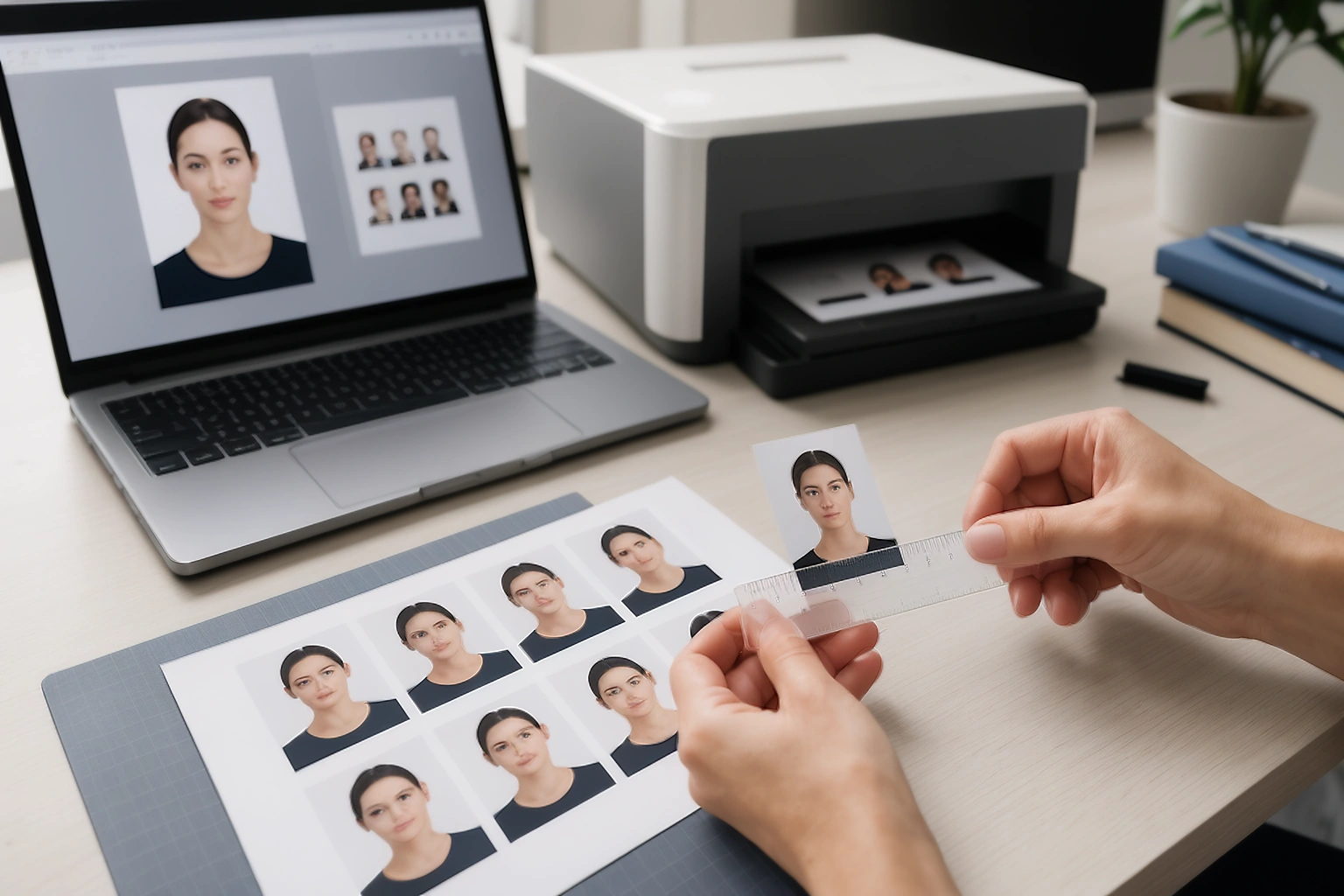Passport photo print sheet being checked with a ruler beside a laptop and compact photo printer