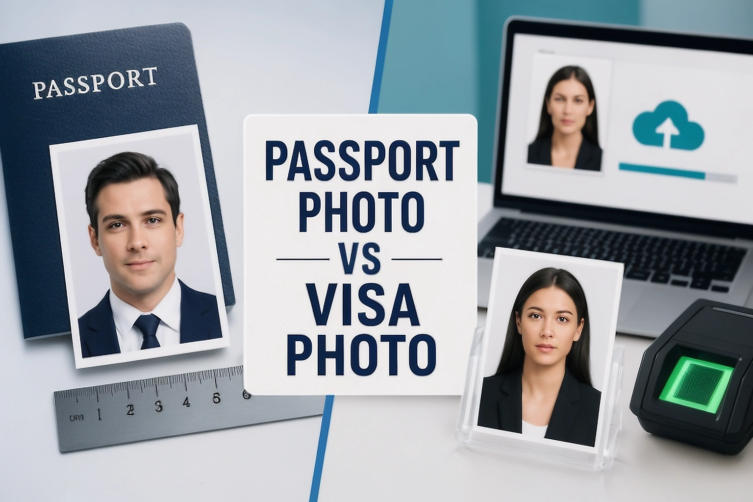 Passport photo versus visa photo guide cover showing a passport print, visa upload and biometric fingerprint scan