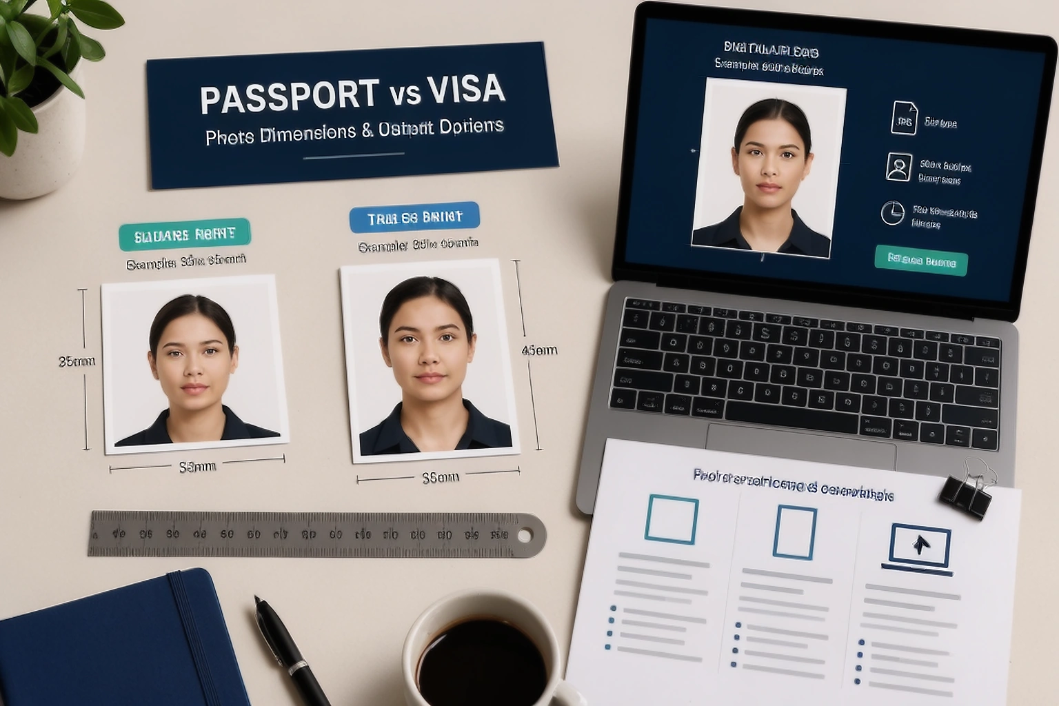 Passport and visa photo comparison workspace showing square and taller printed portraits, a ruler, and a digital upload preview
