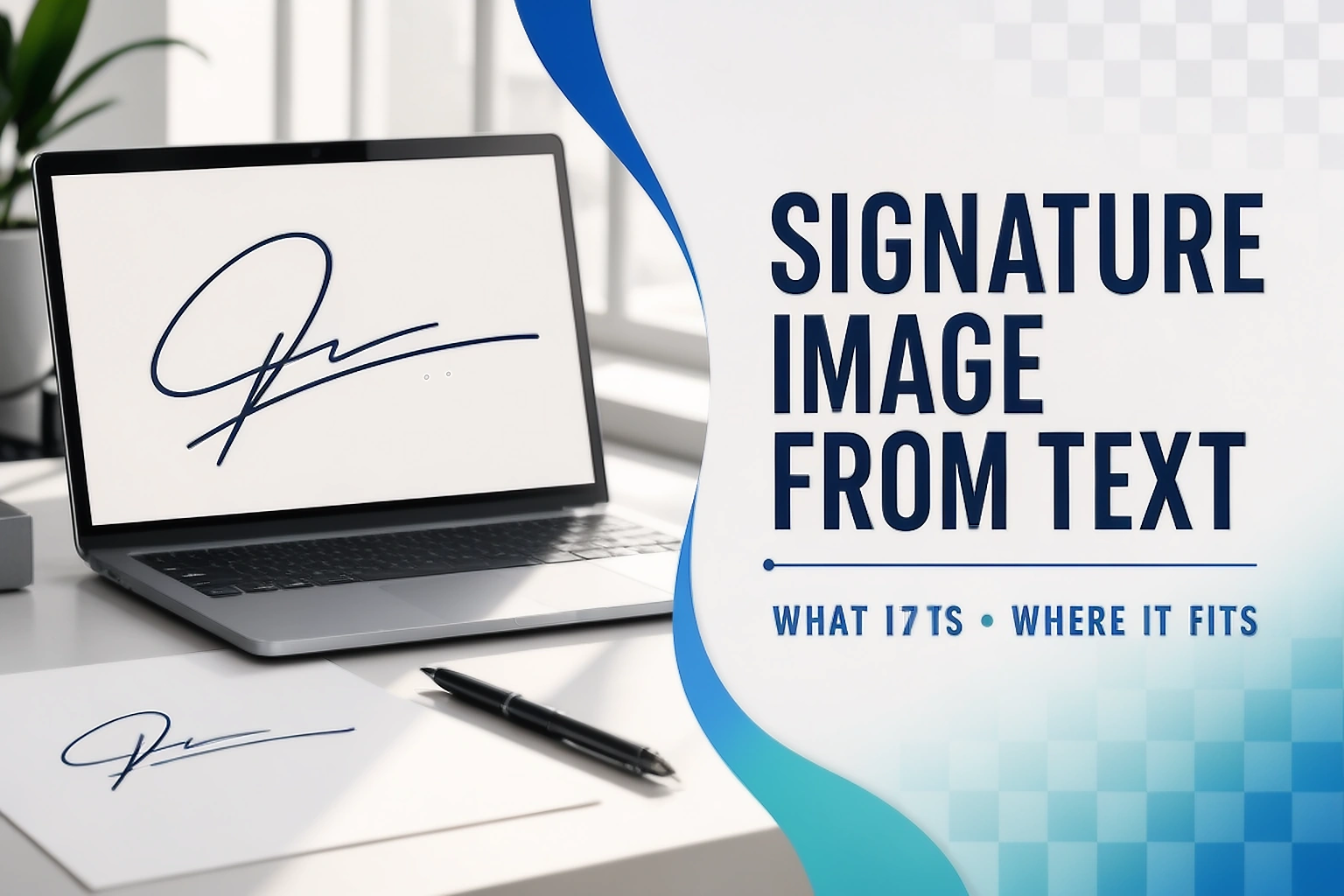 Signature image from text guide cover showing a laptop signature workspace, pen and transparent checkerboard motif