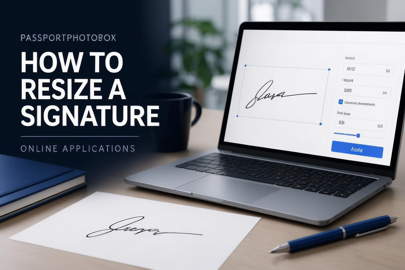 Signature resize guide cover showing a handwritten mark, laptop controls and an online application file