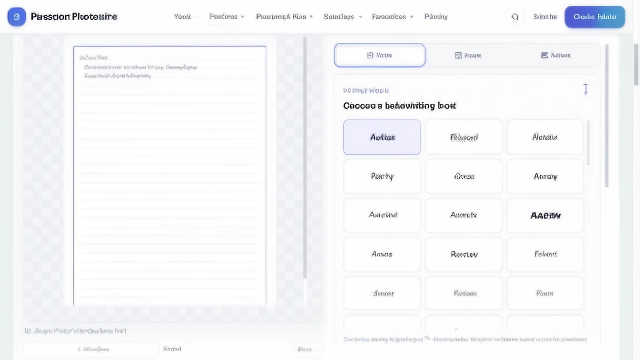 PassportPhotoBox Text to Handwriting showing typed notes on an A4 preview with a gallery of preset handwriting styles