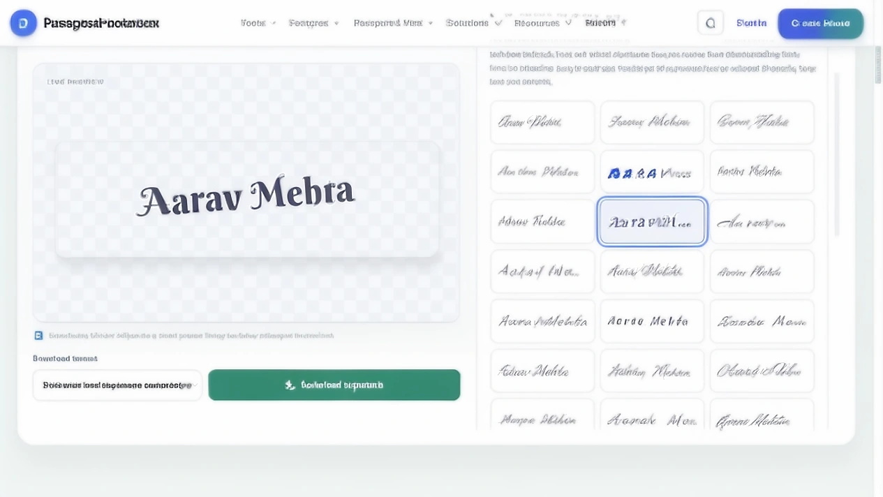 PassportPhotoBox text to signature showing Aarav Mehta in several handwriting style choices with one live preview