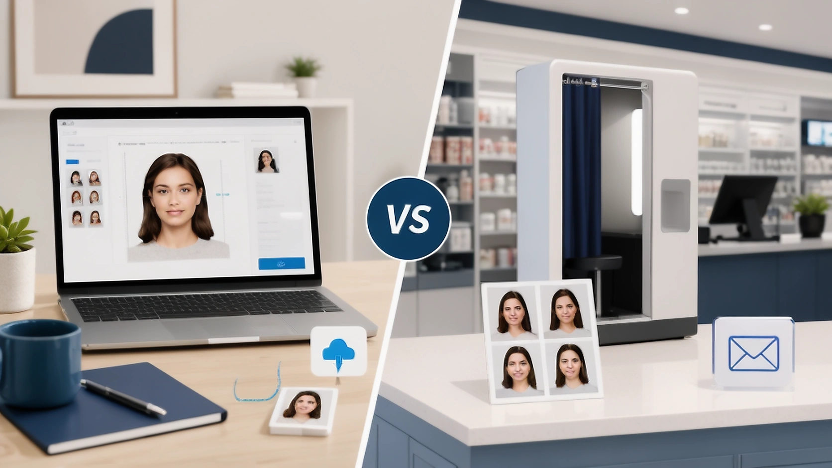 PassportPhotoBox online file preparation compared with a local retail passport photo counter and booth