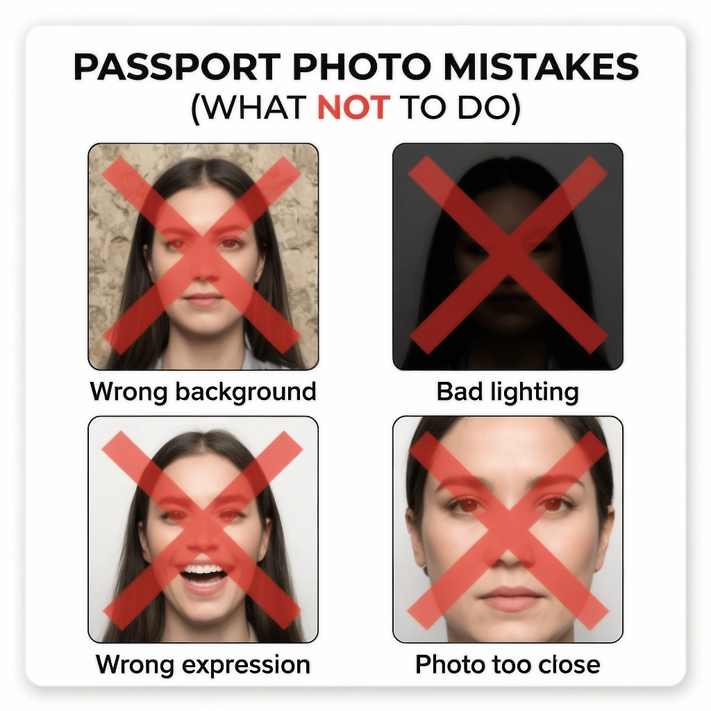 Passport photo examples showing common background, lighting, expression and cropping mistakes