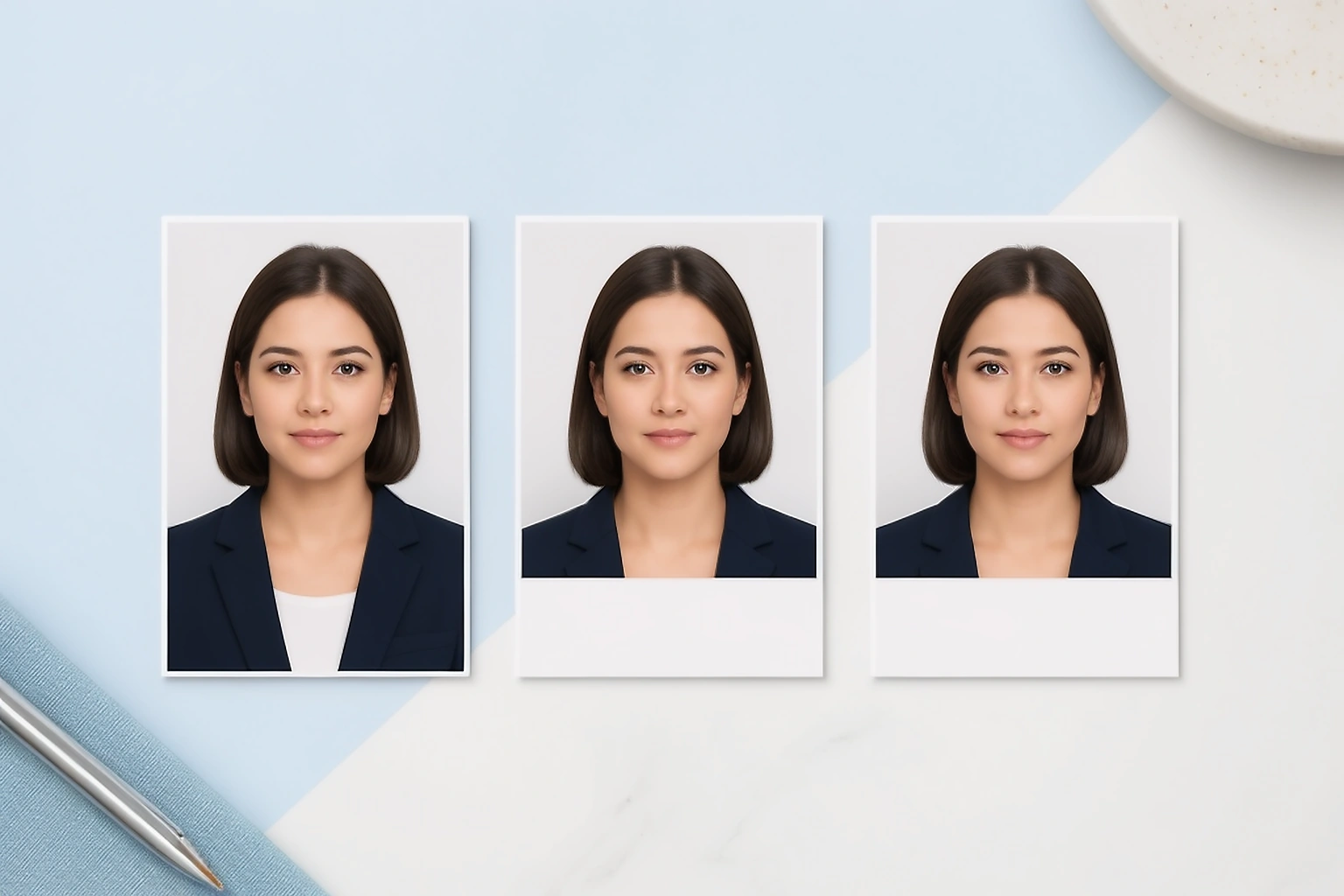 Three portrait photo cards showing a prepared passport size photo followed by a separate lower area for a candidate name and date