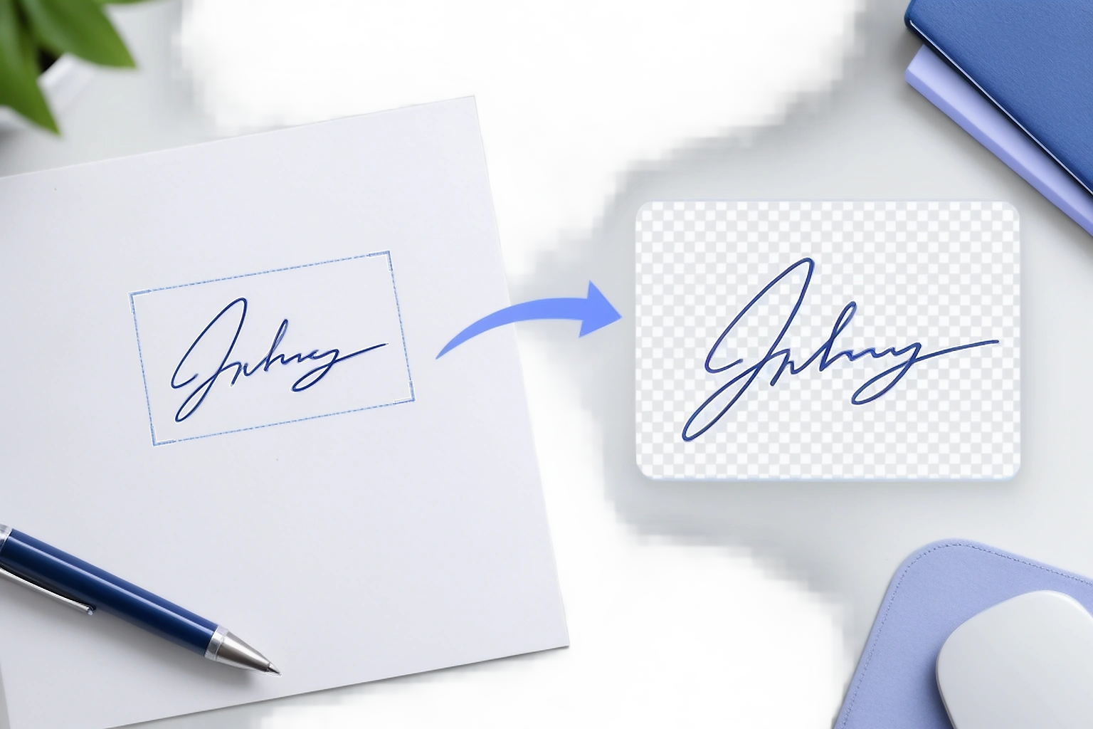 A handwritten signature on paper with a crop outline beside the same signature prepared as a clean image with a transparent background